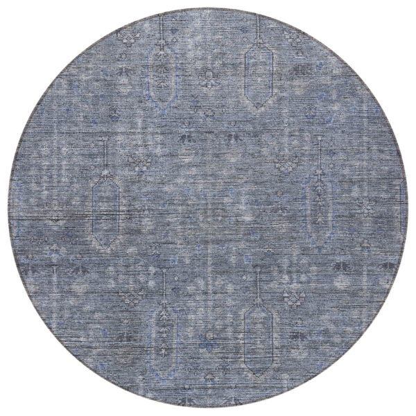 8' Navy Blue And Gray Round Southwestern Washable Indoor Outdoor Area Rug