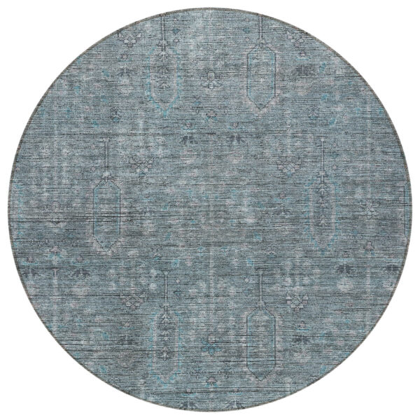 8' Teal Blue And Gray Round Southwestern Washable Indoor Outdoor Area Rug