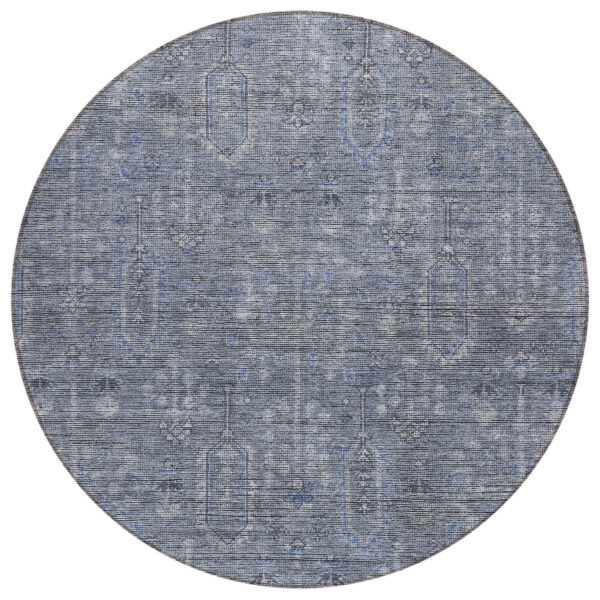 8' Navy Blue And Gray Round Southwestern Washable Indoor Outdoor Area Rug