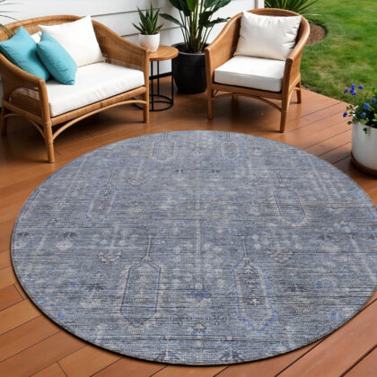 8' Navy Blue And Gray Round Southwestern Washable Indoor Outdoor Area Rug