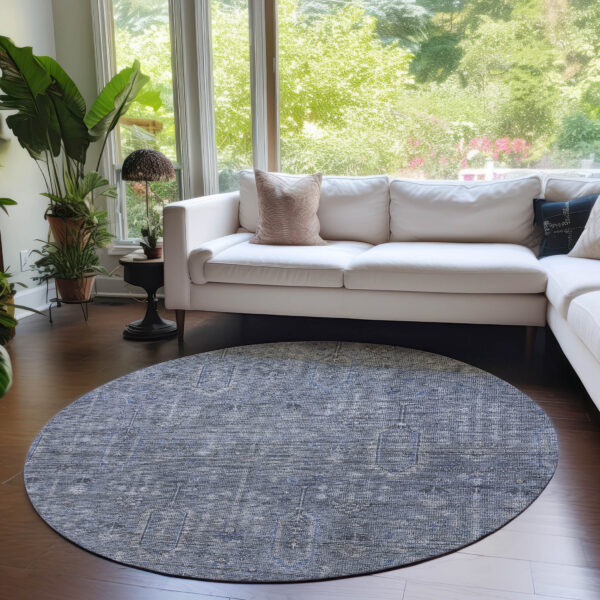 8' Navy Blue And Gray Round Southwestern Washable Indoor Outdoor Area Rug