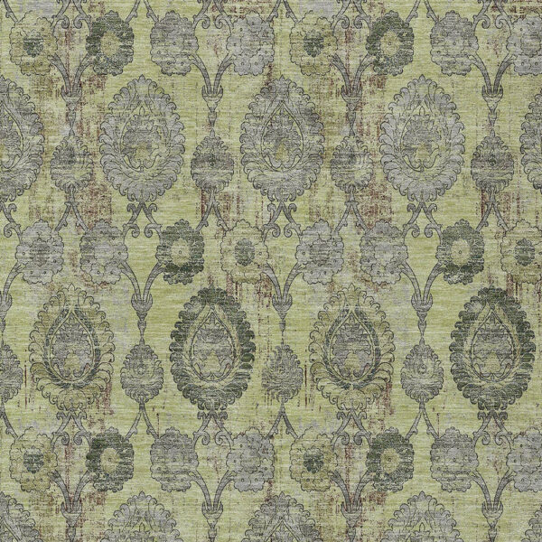8' X 10' Artichoke Green Green And Gray Damask Washable Indoor Outdoor Area Rug