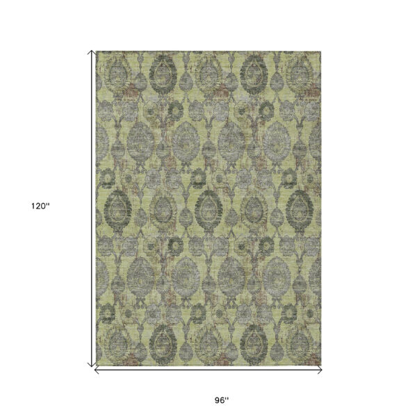 8' X 10' Artichoke Green Green And Gray Damask Washable Indoor Outdoor Area Rug