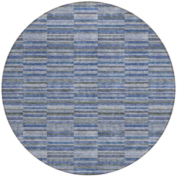 8' Navy Blue And Denim Blue Round Striped Washable Indoor Outdoor Area Rug