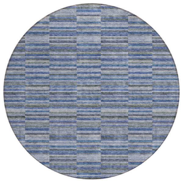 8' Navy Blue And Denim Blue Round Striped Washable Indoor Outdoor Area Rug