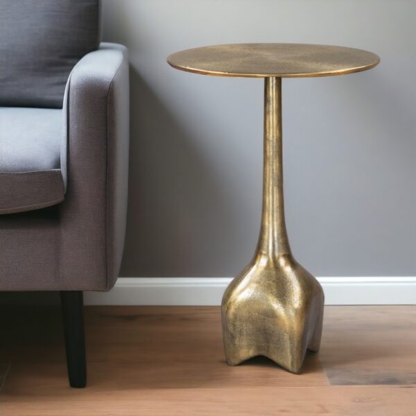 22" Antiqued Brass Distressed Aluminum Round Pedestal End Table