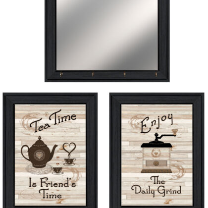 Set Of Three Enjoy Tea Time Black Framed Print Kitchen Wall Art and Mirror
