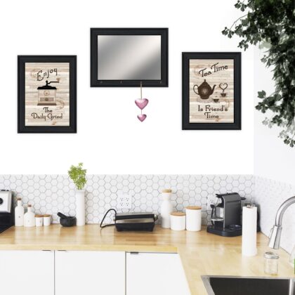 Set Of Three Enjoy Tea Time Black Framed Print Kitchen Wall Art and Mirror