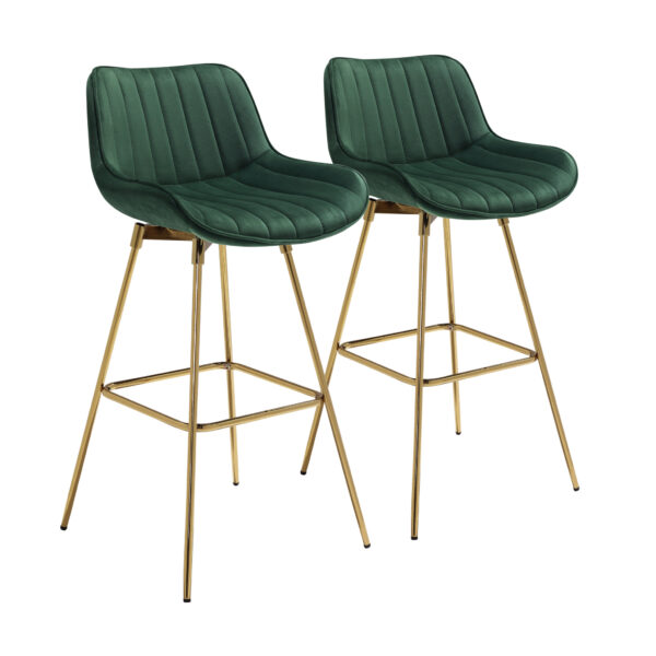 Set of Two 29" Green and Gold Velvet and Metal Low Back Bar Height Swivel Bar Chairs