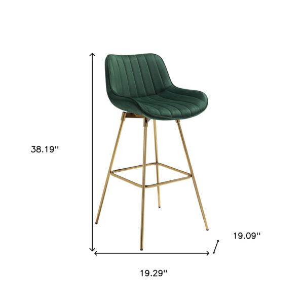 Set of Two 29" Green and Gold Velvet and Metal Low Back Bar Height Swivel Bar Chairs