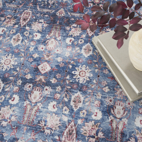 5' x 7' Blue and Red Oriental Power Loom Distressed Washable Non Skid Area Rug