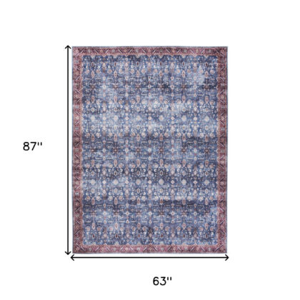 5' x 7' Blue and Red Oriental Power Loom Distressed Washable Non Skid Area Rug