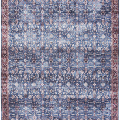 5' x 7' Blue and Red Oriental Power Loom Distressed Washable Non Skid Area Rug