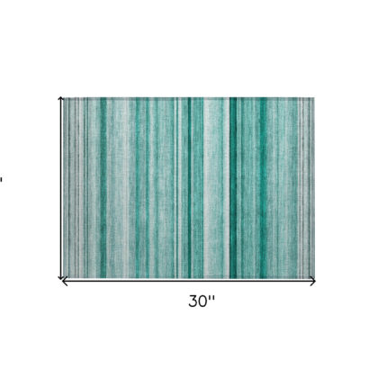 2' X 3' Aqua Striped Washable Indoor Outdoor Area Rug