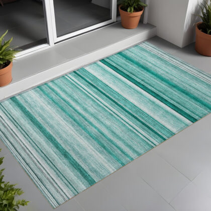 2' X 3' Aqua Striped Washable Indoor Outdoor Area Rug