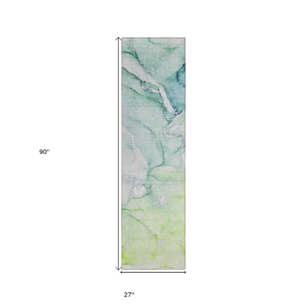 8' Runner Green Abstract Washable Non Skid Indoor Outdoor Runner Rug