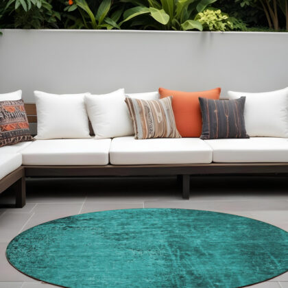 8' Round Teal Round Abstract Washable Non Skid Indoor Outdoor Area Rug