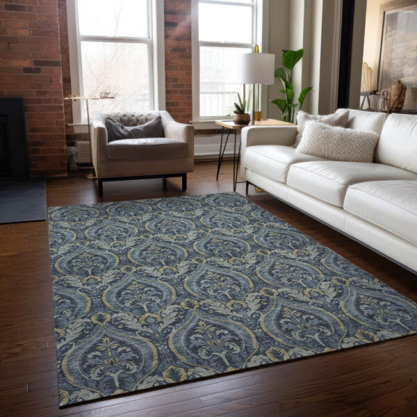 9' X 12' Blue and Cream Damask Washable Non Skid Indoor Outdoor Area Rug