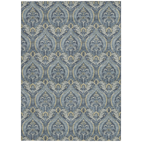 9' X 12' Blue and Cream Damask Washable Non Skid Indoor Outdoor Area Rug