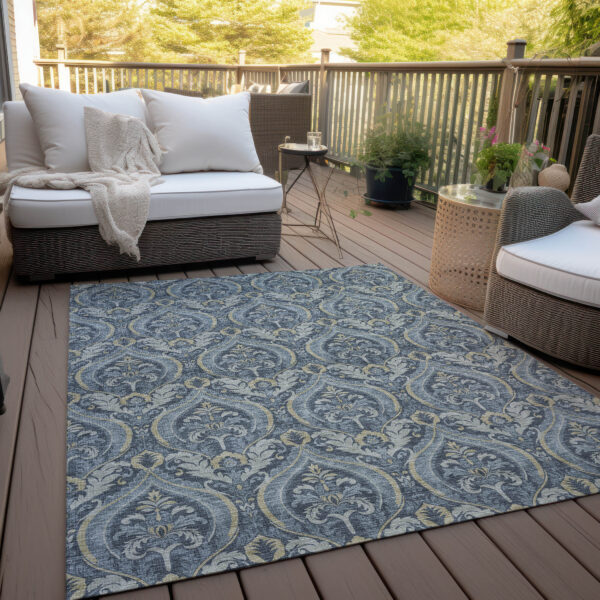 9' X 12' Blue and Cream Damask Washable Non Skid Indoor Outdoor Area Rug