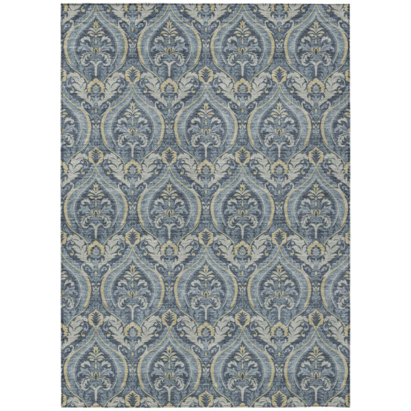 9' X 12' Blue and Cream Damask Washable Non Skid Indoor Outdoor Area Rug