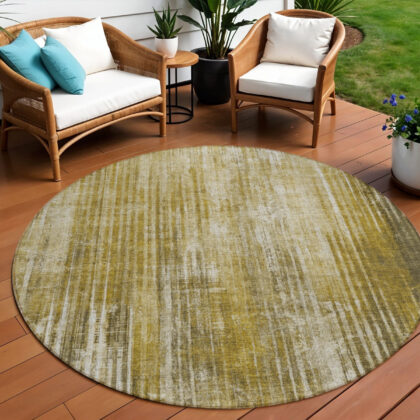 8' Brown Ivory And Taupe Round Striped Washable Indoor Outdoor Area Rug