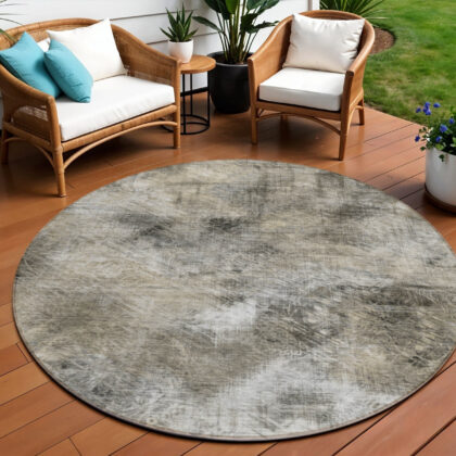 8' Beige Taupe And Gray Round Abstract Washable Indoor Outdoor Area Rug