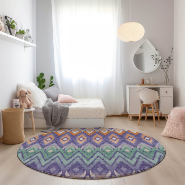 8' Purple Lilac And Orange Round Southwestern Washable Indoor Outdoor Area Rug