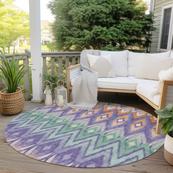8' Purple Lilac And Orange Round Southwestern Washable Indoor Outdoor Area Rug