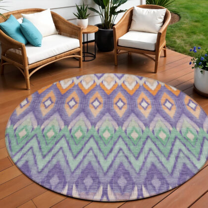 8' Purple Lilac And Orange Round Southwestern Washable Indoor Outdoor Area Rug