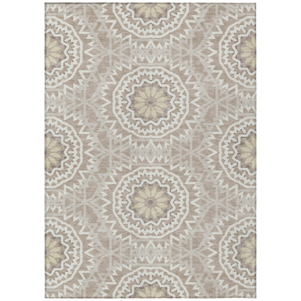 5' X 8' Taupe Khaki And Ivory Floral Medallion Washable Indoor Outdoor Area Rug