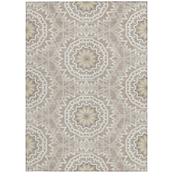 5' X 8' Taupe Khaki And Ivory Floral Medallion Washable Indoor Outdoor Area Rug