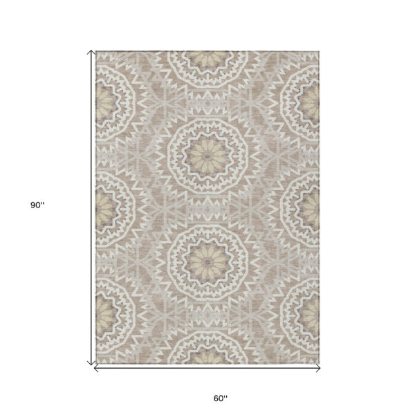 5' X 8' Taupe Khaki And Ivory Floral Medallion Washable Indoor Outdoor Area Rug