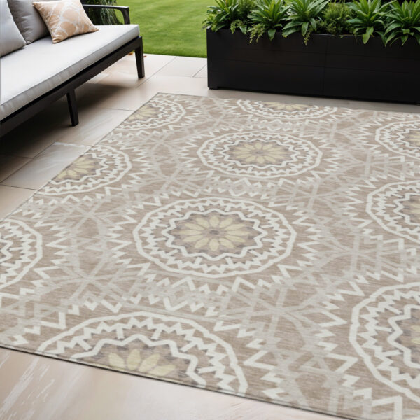 5' X 8' Taupe Khaki And Ivory Floral Medallion Washable Indoor Outdoor Area Rug