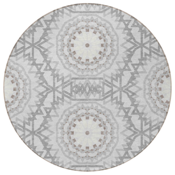 8' Silver Ivory And Gray Round Floral Medallion Washable Indoor Outdoor Area Rug