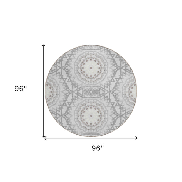 8' Silver Ivory And Gray Round Floral Medallion Washable Indoor Outdoor Area Rug