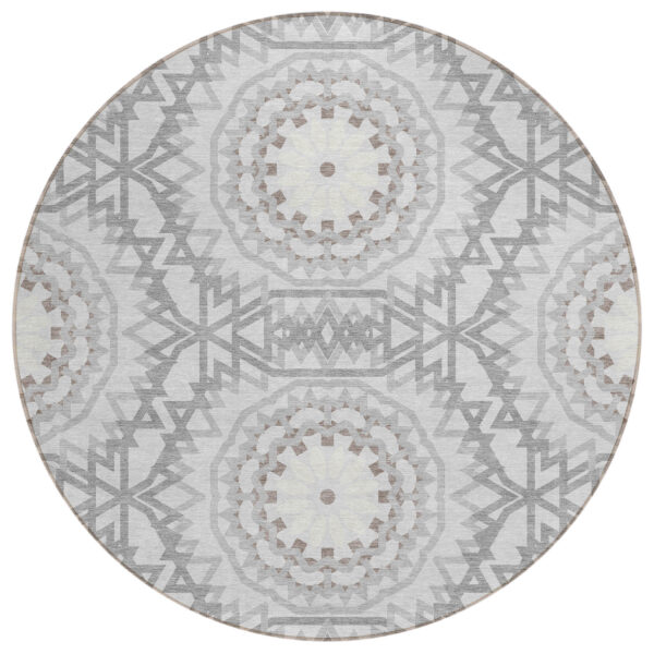 8' Silver Ivory And Gray Round Floral Medallion Washable Indoor Outdoor Area Rug