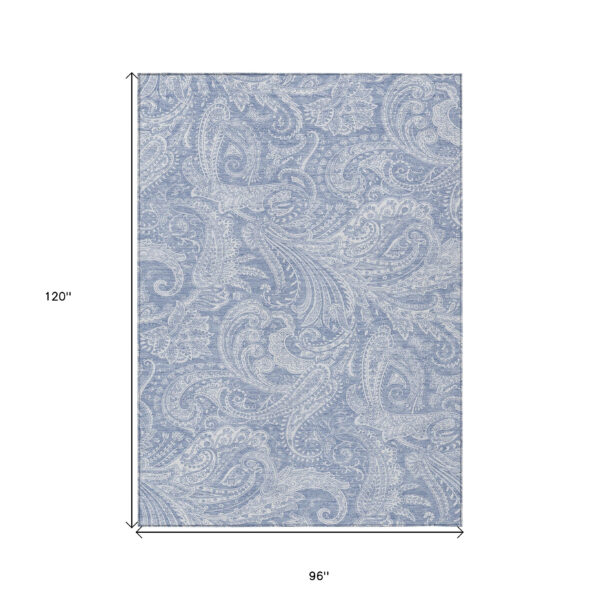 8' X 10' Denim Blue Sky Blue And Ivory Paisley Washable Indoor Outdoor Area Rug