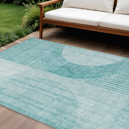 9' X 12' Teal Blue And Aqua Geometric Washable Indoor Outdoor Area Rug