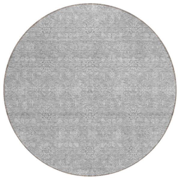 8' Gray Silver And Ivory Round Floral Washable Indoor Outdoor Area Rug