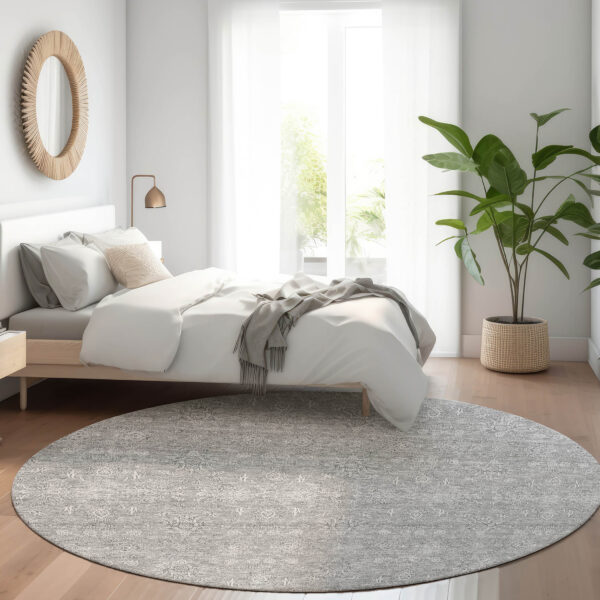 8' Gray Silver And Ivory Round Floral Washable Indoor Outdoor Area Rug