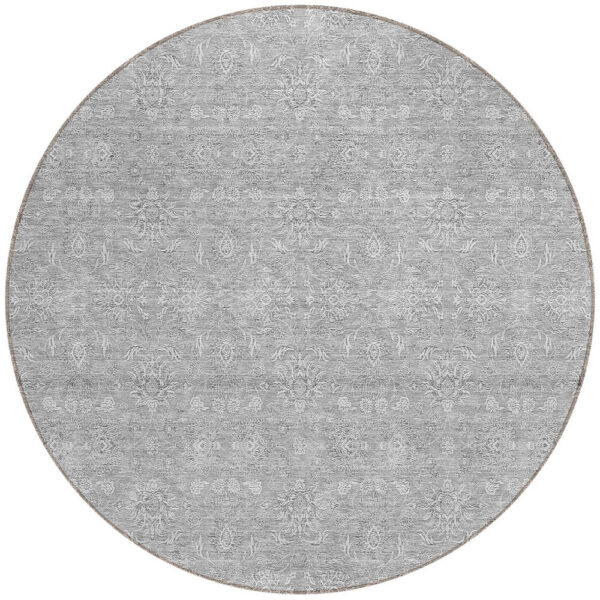 8' Gray Silver And Ivory Round Floral Washable Indoor Outdoor Area Rug