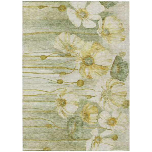 5' X 8' Sage Fern Green And Ivory Floral Washable Indoor Outdoor Area Rug