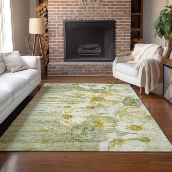 5' X 8' Sage Fern Green And Ivory Floral Washable Indoor Outdoor Area Rug