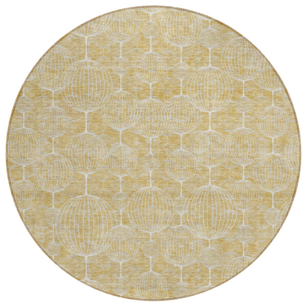 8' Gold Ivory And Beige Round Geometric Washable Indoor Outdoor Area Rug