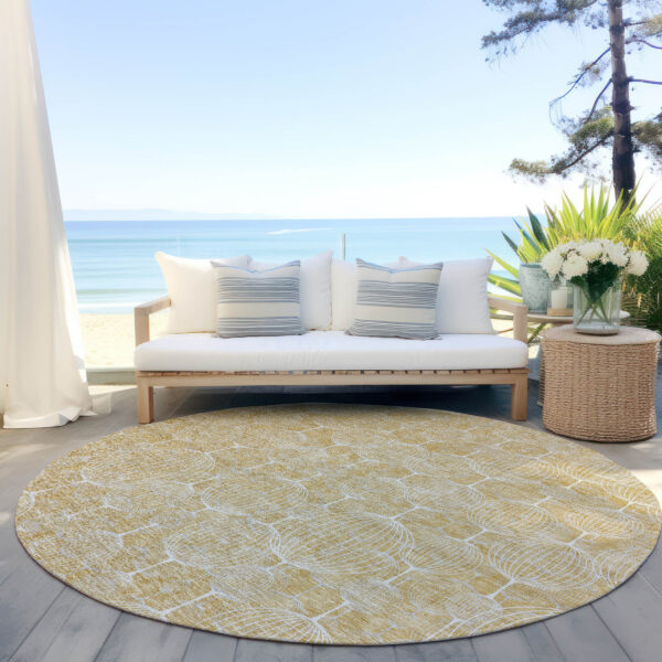 8' Gold Ivory And Beige Round Geometric Washable Indoor Outdoor Area Rug