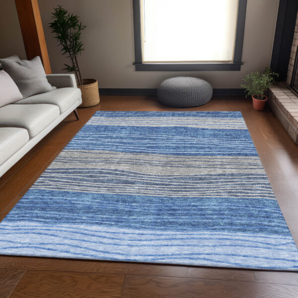 9' X 12' Navy Blue And Gray Striped Washable Indoor Outdoor Area Rug