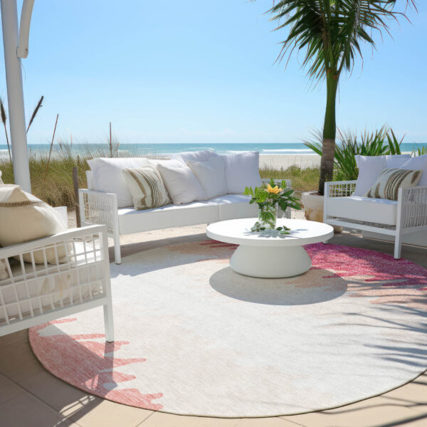 8' Blush Pink And Ivory Round Striped Washable Indoor Outdoor Area Rug