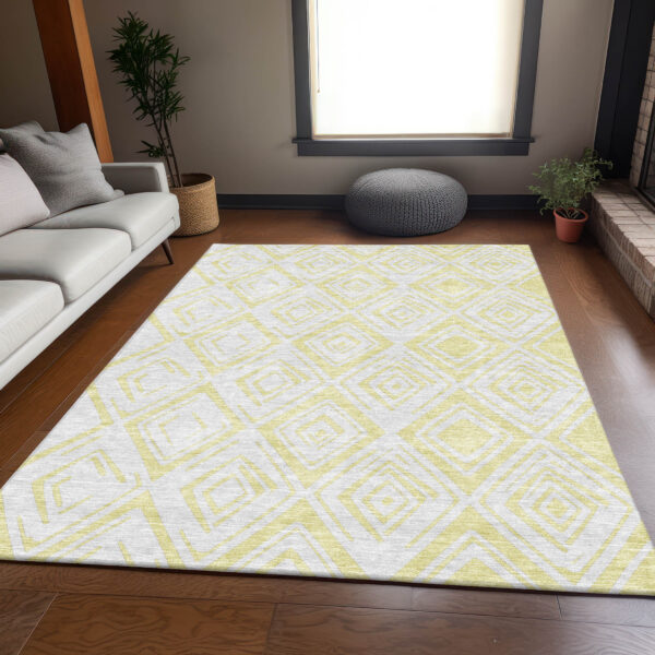 5' X 8' Yellow And Ivory Geometric Washable Indoor Outdoor Area Rug