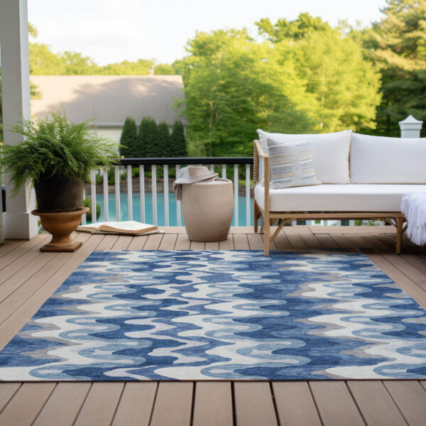 8' X 10' Navy Blue And Sky Blue Abstract Washable Indoor Outdoor Area Rug